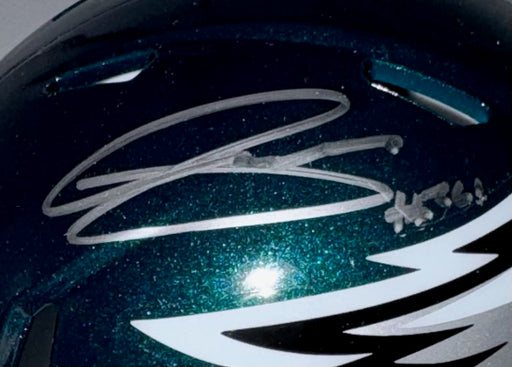 Andrew Mukuba signature closeup on Eagles mini helmet