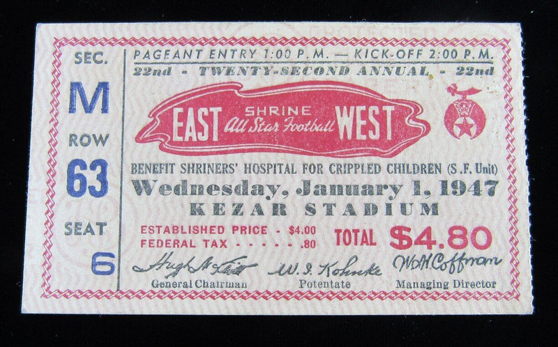 1947 Shrine Bowl East vs. West Ticket Stub, Kezar Stadium, SF California