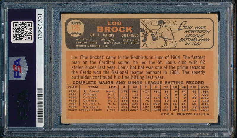 Lou Brock HOF Signed/Autographed 1966 Topps Card #125 Cardinals PSA/DNA 190593