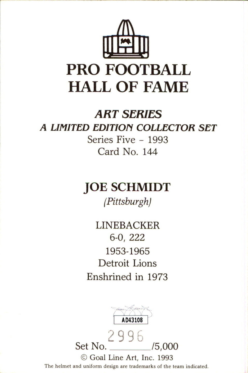 Joe Schmidt HOF Autographed Goal Line Art GLAC Postcard Detroit Lions JSA