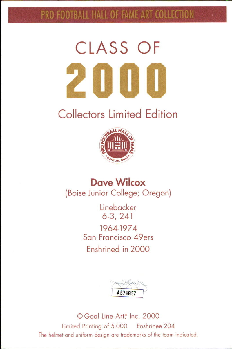 Dave Wilcox HOF Autographed Goal Line Art GLAC Postcard San Francisco 49ers JSA