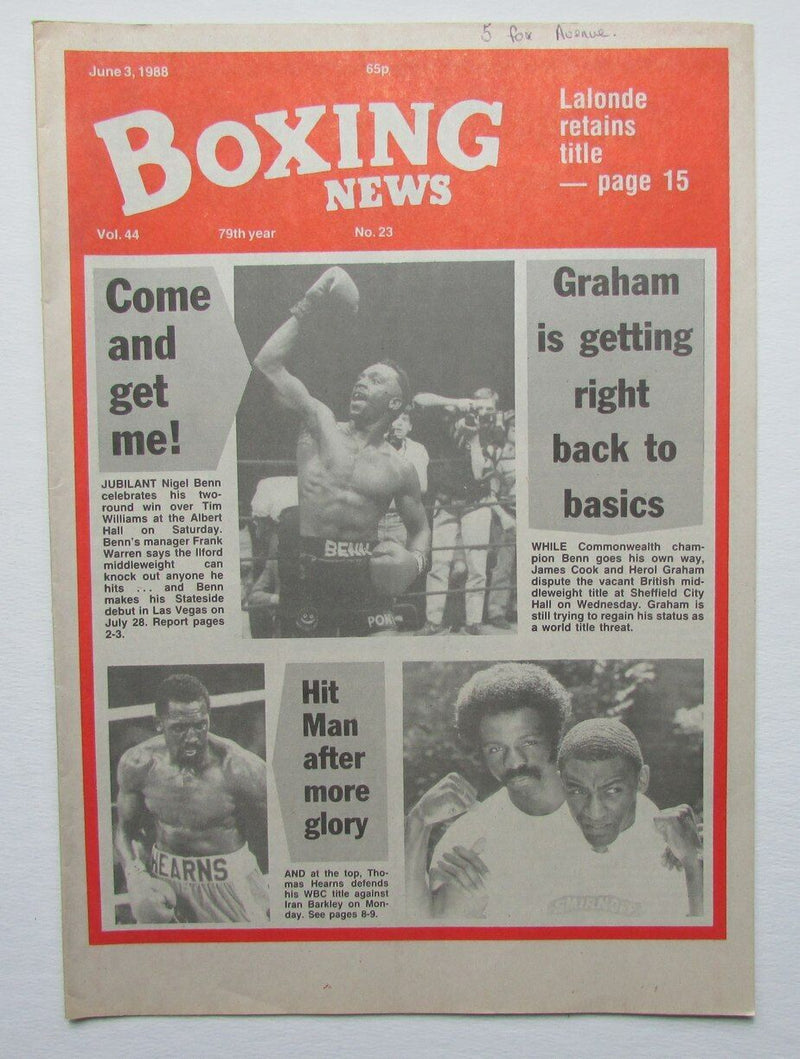 June 3, 1988 Boxing News Magazine Nigel Benn Thomas Hearns