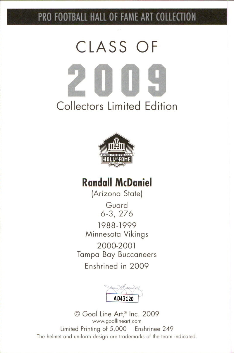 Randall McDaniel HOF Autographed Goal Line Art GLAC Postcard Vikings JSA