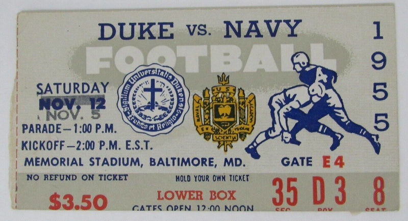1955 Duke vs. Navy College Football Game Ticket Stub at Memorial Stadium
