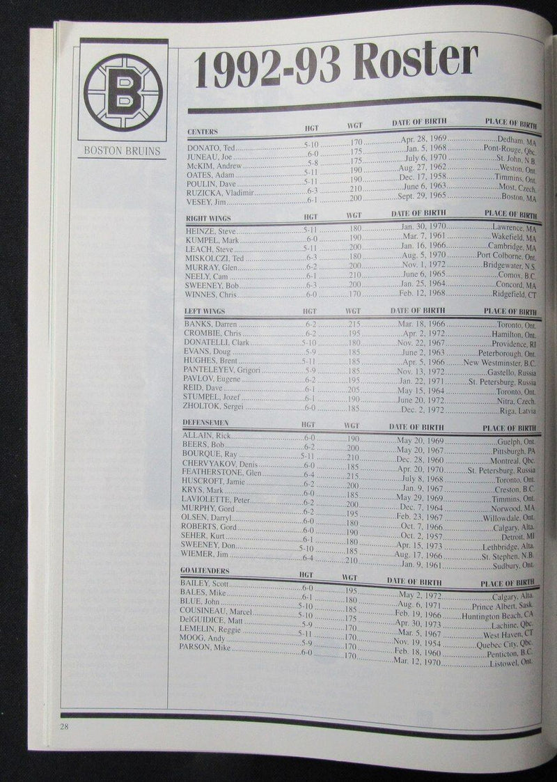 1992/1993 Boston Bruins Ice Hockey Game Program 176434