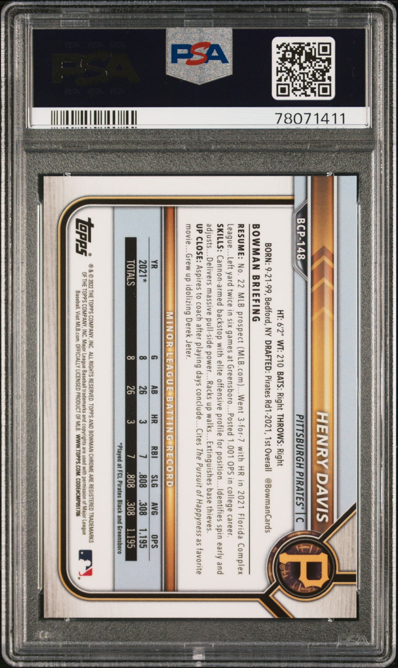 Graded 2022 Topps Bowman Henry Davis #BCP148 Chrome Prospects Speckle Refractor #/299 Rookie RC Baseball Card PSA 10 Gem Mint