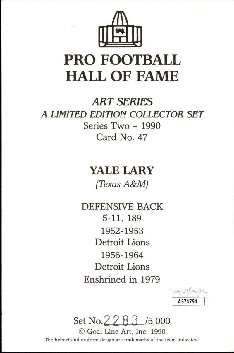 Yale Lary HOF Autographed/Inscribed Goal Line Art GLAC Postcard Lions JSA