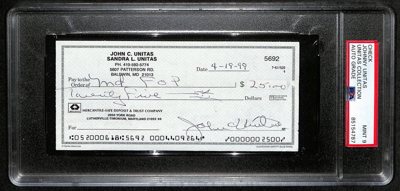Johnny Unitas HOF Signed/Auto 1999 Bank Check Colts PSA/DNA GEM MT 10 189583