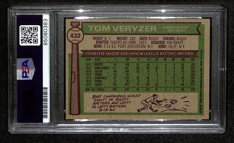 Tom Veryzer Signed 1976 Topps Card #432 Detroit Tigers PSA/DNA 184381
