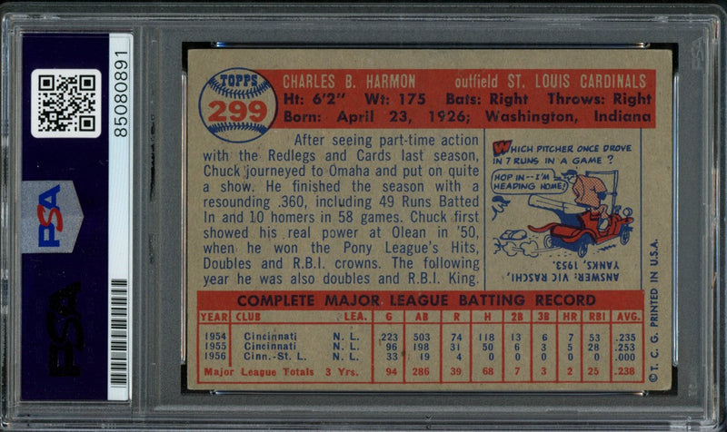 1957 TOPPS Chuck Harmon #299 Auth Card Signed Cardinals PSA/DNA 184134