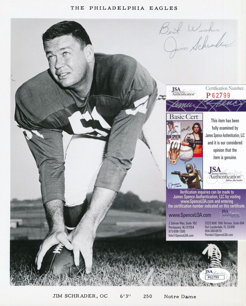 Jim Schrader Eagles Redskins Notre Dame RARE Signed  8x10 Photo JSA 156984