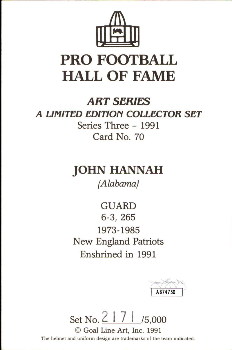John Hannah HOF Autographed/Inscr Goal Line Art GLAC Postcard Patriots JSA