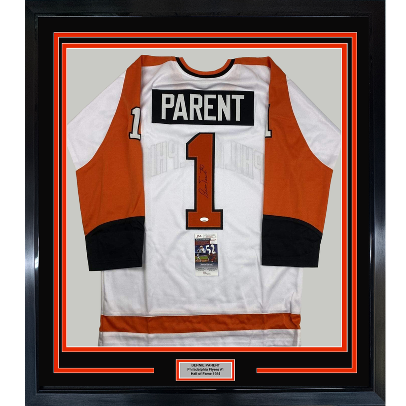 Framed Autographed/Signed Bernie Parent 35x39 Philadelphia White Hockey Jersey JSA COA