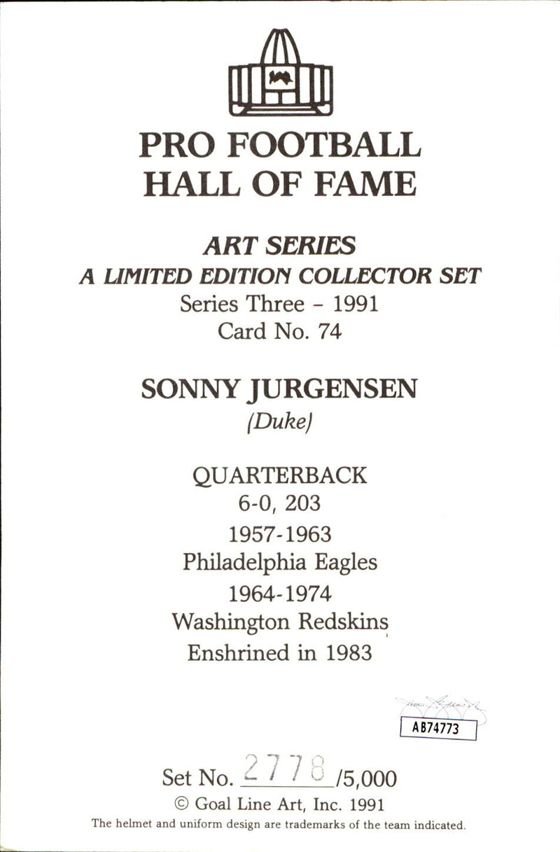 Sonny Jurgensen HOF Autographed Goal Line Art GLAC Postcard Redskins JSA 173876