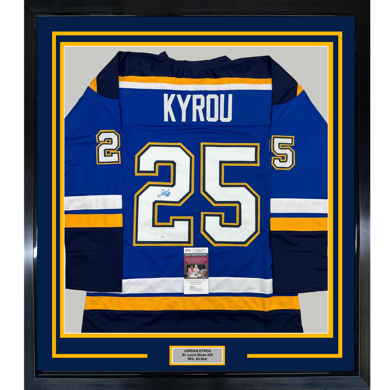 Framed Autographed/Signed Jordan Kyrou 35x39 St. Louis Blue Hockey Jersey JSA COA