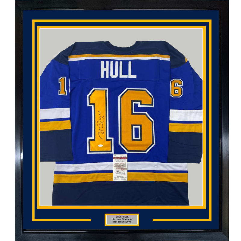 Framed Autographed/Signed Brett Hull 35x39 St. Louis Blue Yellow Numbers Hockey Jersey JSA COA