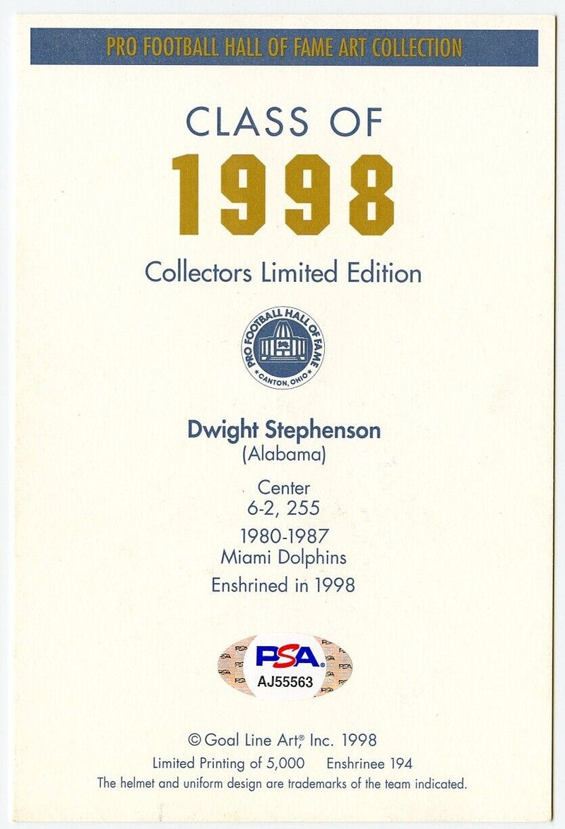 Dwight Stephenson Signed Goal Line  GLAC Postcard w/HOF Dolphins PSA/DNA 160327