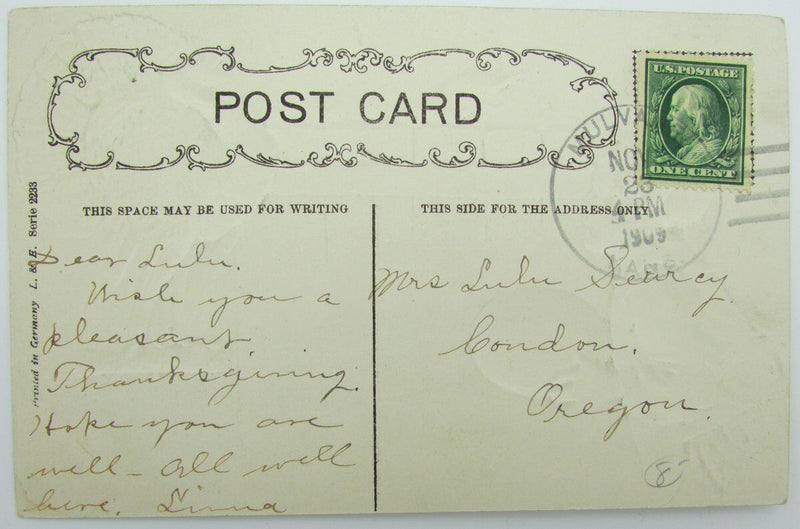 Vintage Postcard postmarked 1909 "Wishing you a pleasant Thanksgiving" 140010