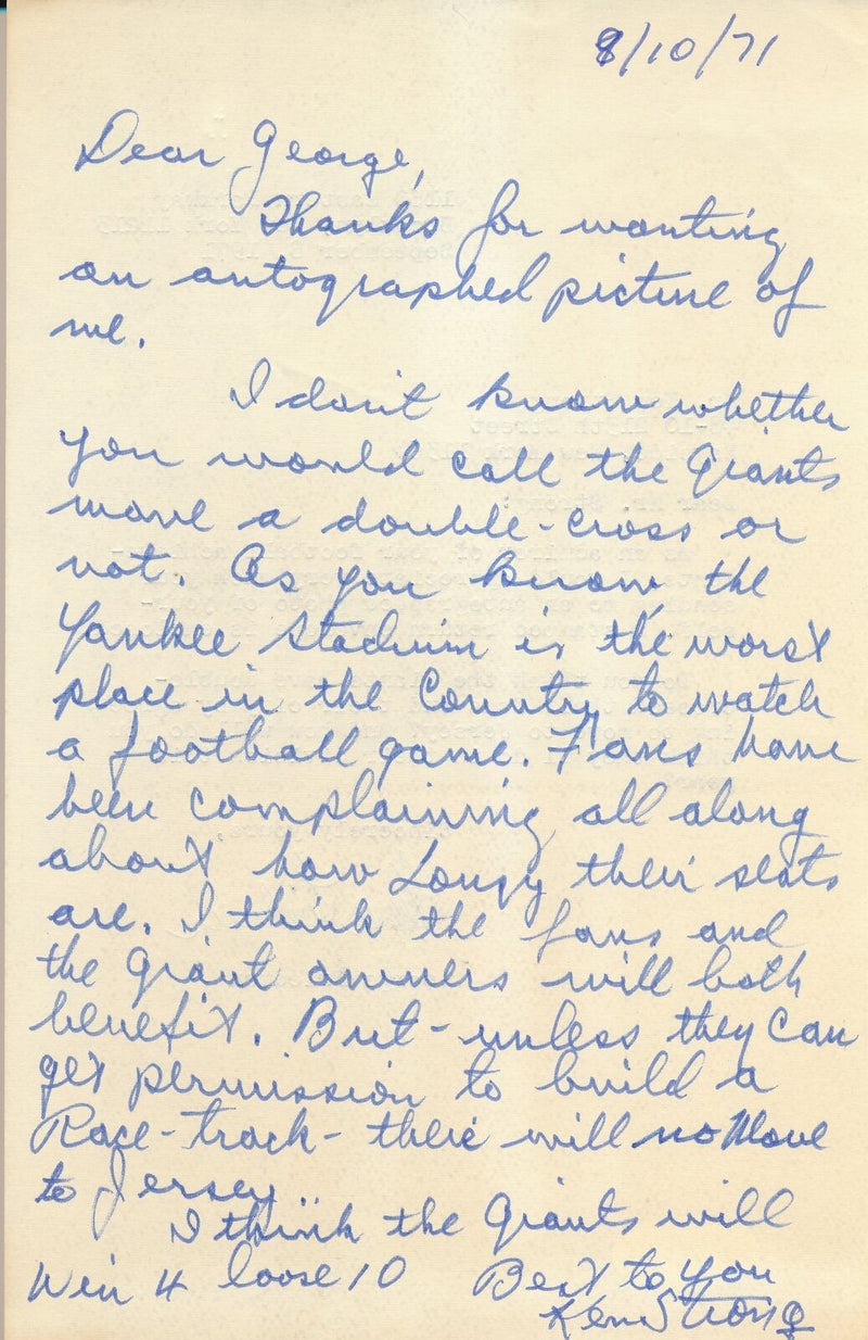 Ken Strong HOF Autographed Personal Letter New York Giants JSA