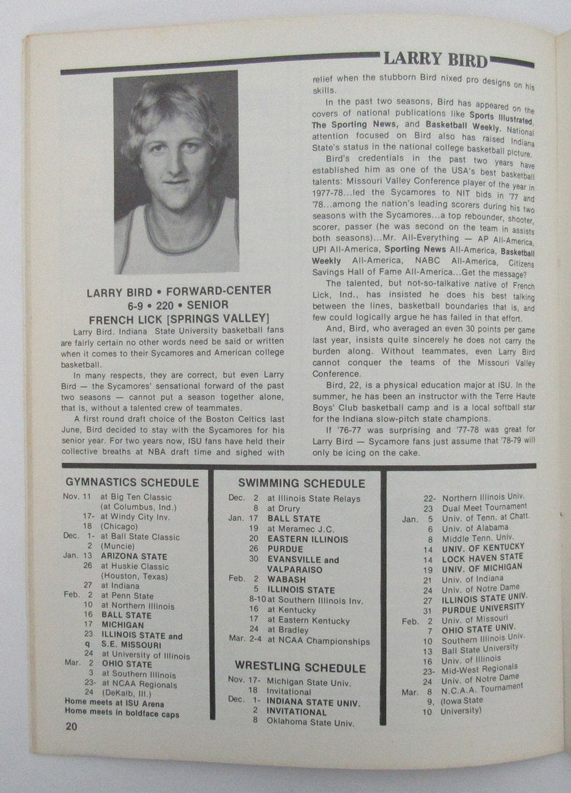 Larry Bird HOF Signed/Auto 1978 College Basketball Program Indiana State 189248