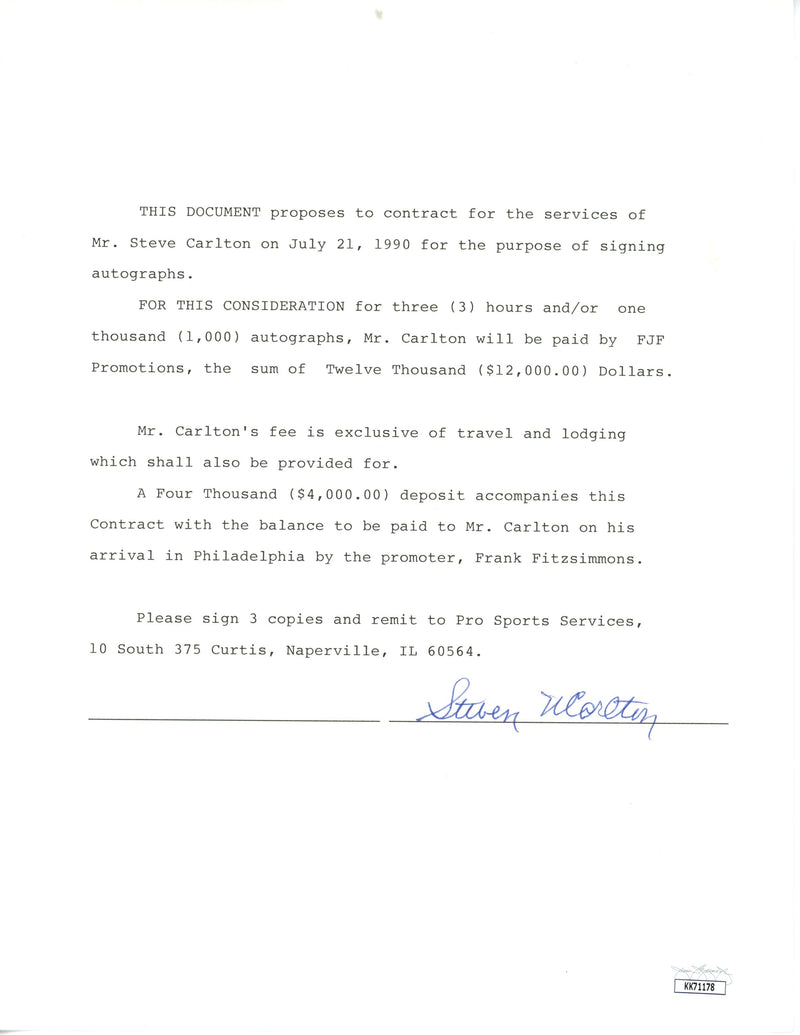 Steve Carlton HOF Signed 1990 Autograph Contract Philadelphia Phillies JSA171311