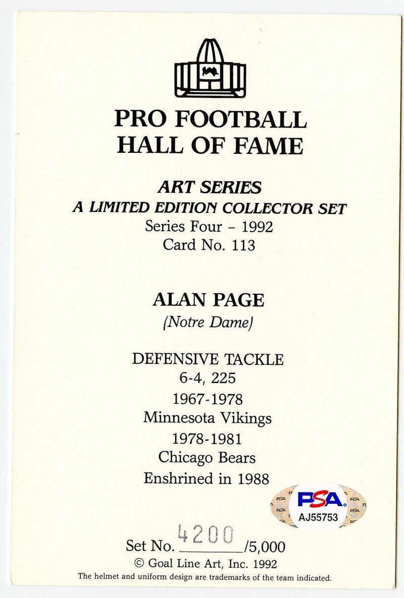Alan Page Signed/Autographed Goal Line Art GLAC Postcard Vikings PSA/DNA 160239
