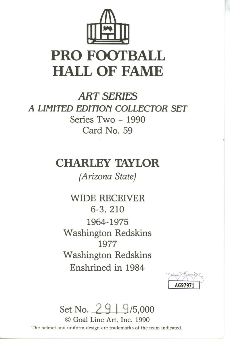 Charley Taylor HOF Autographed/Inscr Goal Line Art GLAC Postcard Redskins JSA