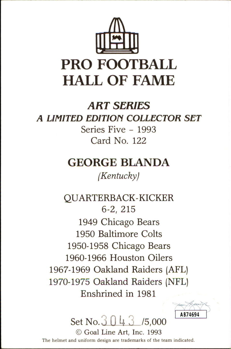 George Blanda HOF Autographed Goal Line Art GLAC Postcard Oakland Raiders JSA