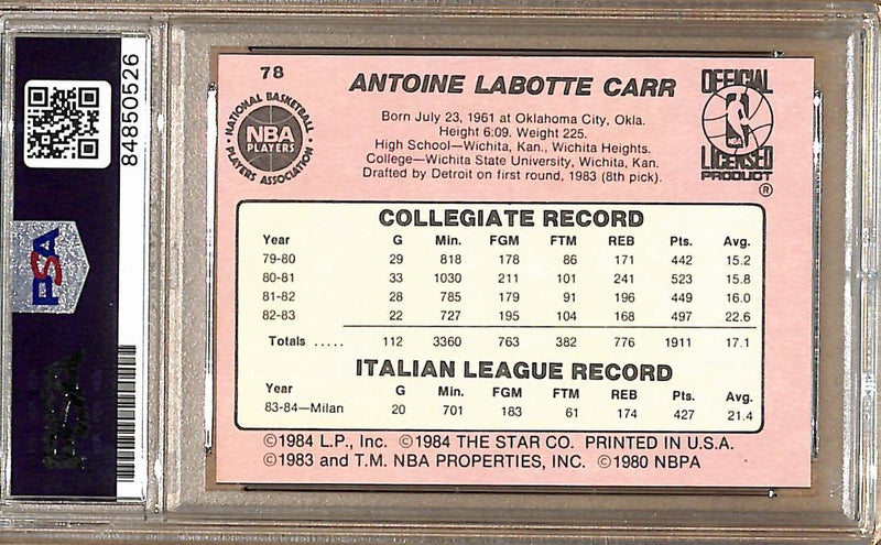 1984-85 Star Company #78 Antoine Carr Hawks Signed/Auto Card PSA/DNA 178947