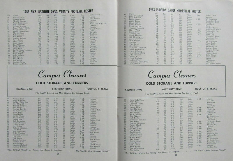 1953 Florida vs. Rice College Football Game Program at Rice Stadium 165707
