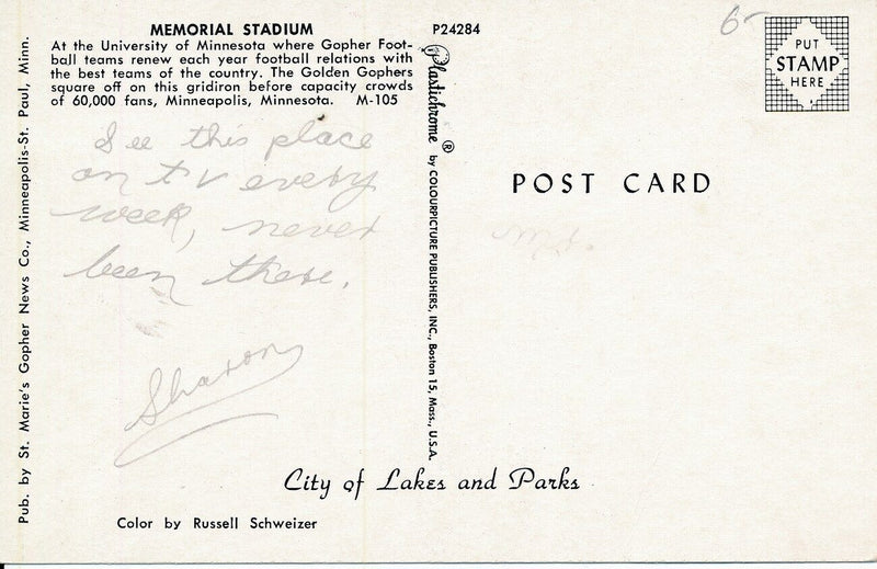 Vintage Football Themed Post Card of Univ of Minnesota Memorial Stadium 148990