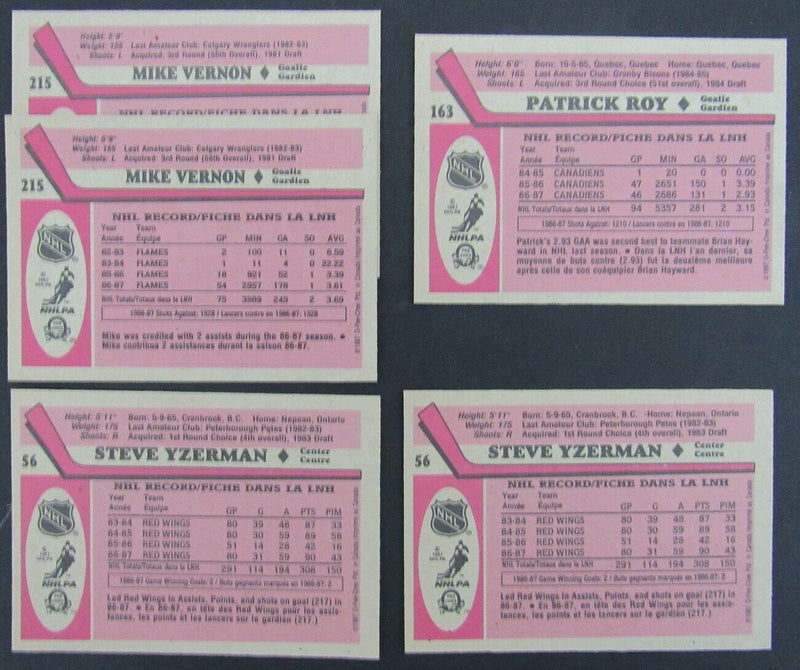 Lot of 5 1987-88 O-Pee-Chee OPC Hockey Cards incl Roy/Yzerman Mike Vernon 158349
