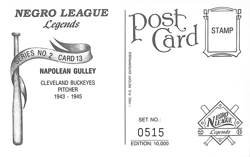 Nap Gulley Signed 1991 Negro League Legends Post Card Cleveland Buckeyes 181278