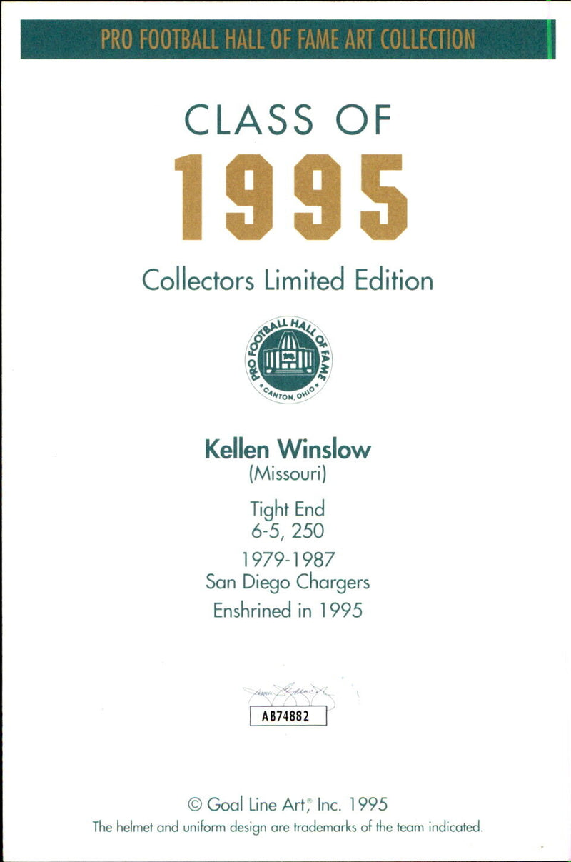 Kellen Winslow HOF Autographed/Inscr Goal Line Art GLAC Postcard Chargers JSA