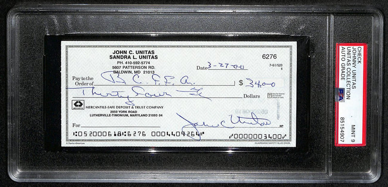 Johnny Unitas HOF Signed/Autographed 2000 Bank Check Colts PSA/DNA MINT 9 189580