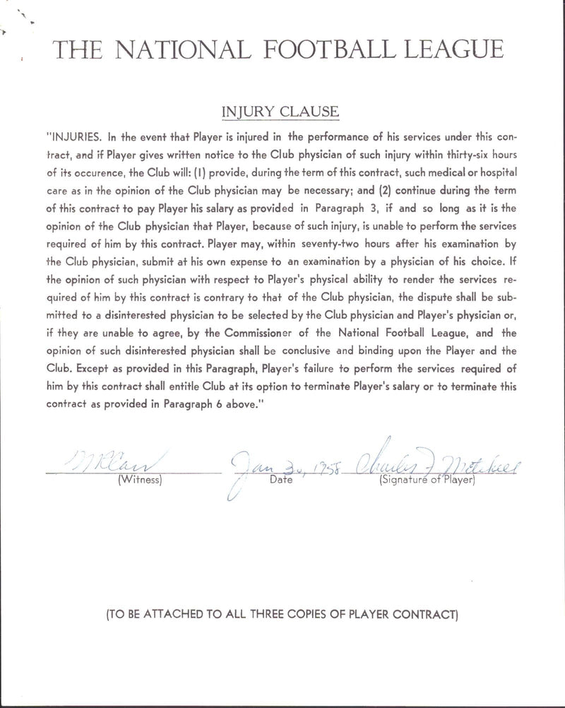 Chaeles Mitchell Autographed 1958 NFL Injury Clause Letter Atlanta Falcons