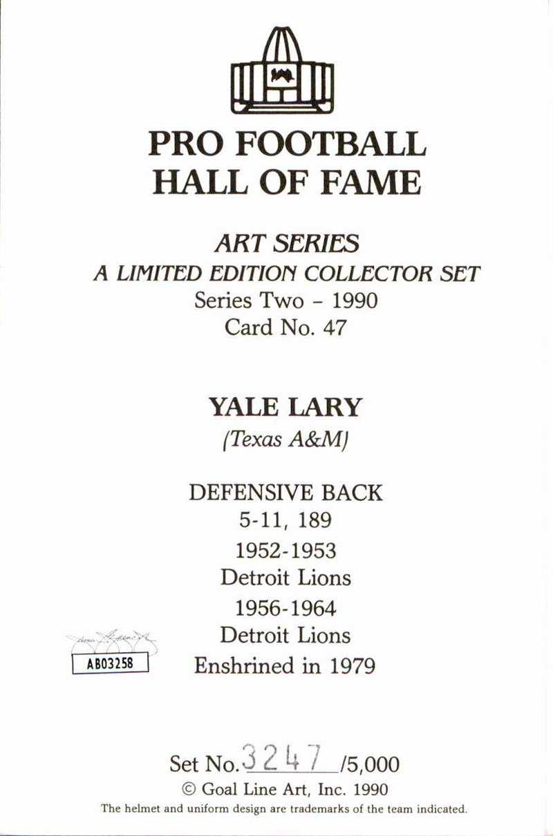 Yale Lary HOF Lions Signed/Inscr Goal Line Art GLAC Postcard JSA 167146