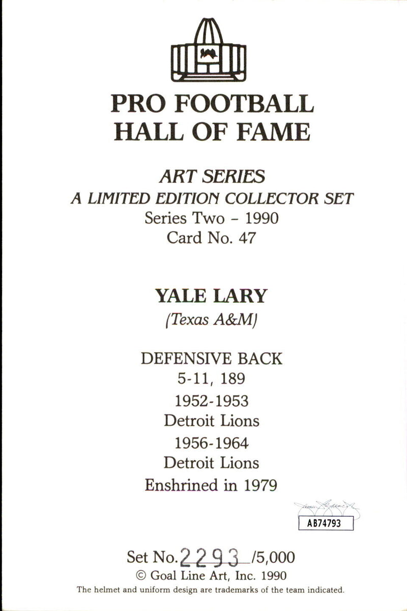Yale Lary HOF Autographed/Inscribed Goal Line Art GLAC Postcard Lions JSA