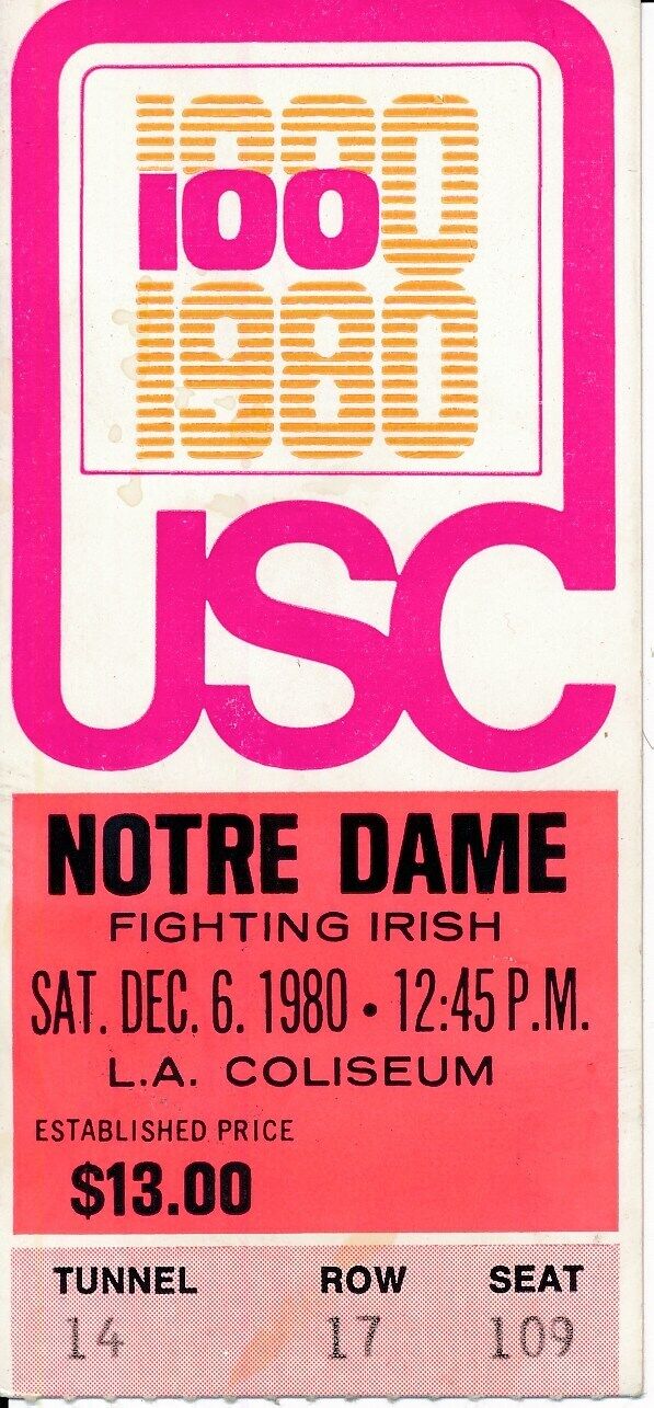 1980 USC Trojans vs. Notre Dame Football Game Ticket Stub M. Allen148493