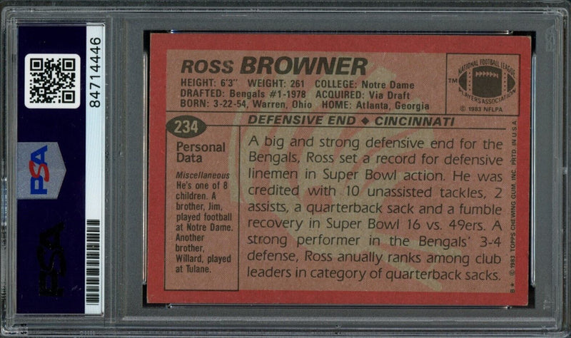 1983 TOPPS Ross Browner #234 Authentic Card Signed Bengals PSA/DNA 176682
