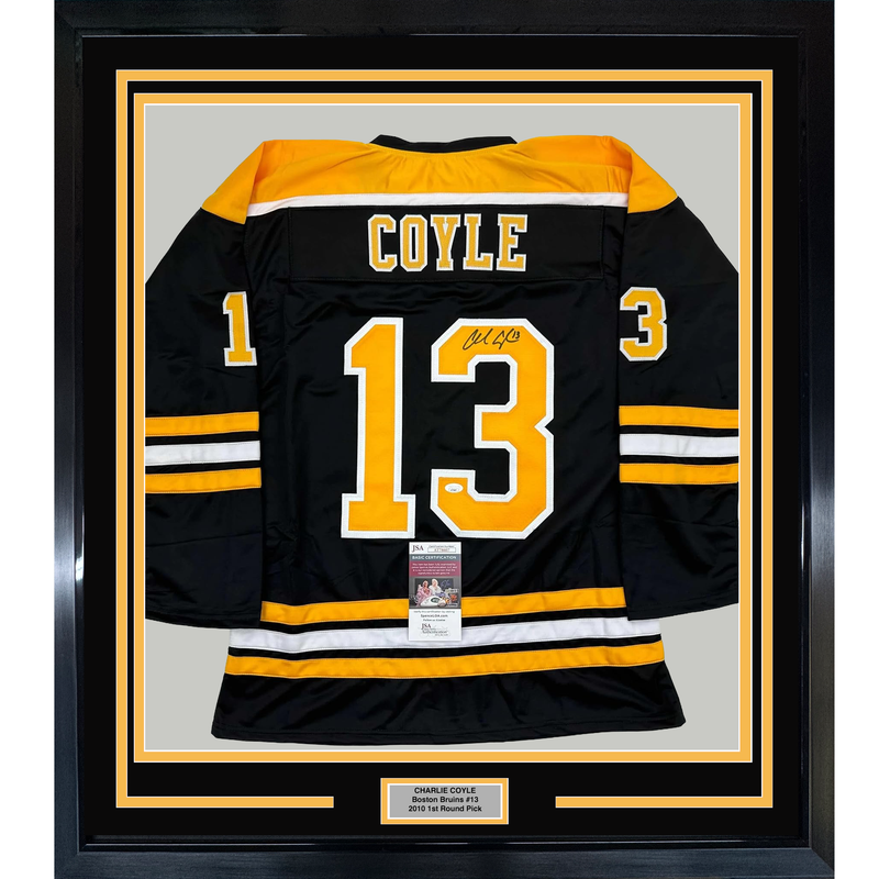 Framed Autographed/Signed Charlie Coyle 35x39 Boston Black Hockey Jersey JSA COA