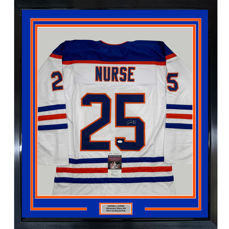 Framed Autographed/Signed Darnell Nurse 35x39 Edmonton White Hockey Jersey JSA COA