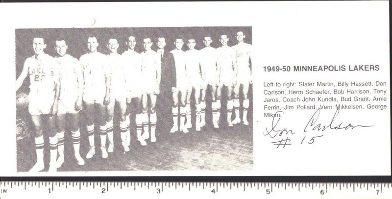 Don Carlson 1949 Minneapolis Lakers d.2004 Signed 7x3 Team Photo 151206