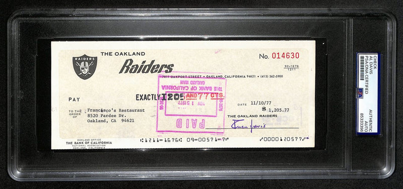 Al Davis HOF Signed/Autographed 8.5x3.5 Bank Check Raiders PSA/DNA 193239