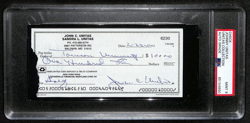 Johnny Unitas HOF Signed/Autographed 2000 Bank Check Colts PSA/DNA MINT 9 189578