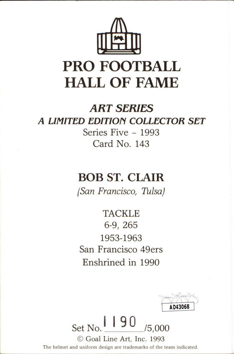 Bob St. Clair HOF Autographed Goal Line Art GLAC Postcard 49ers JSA
