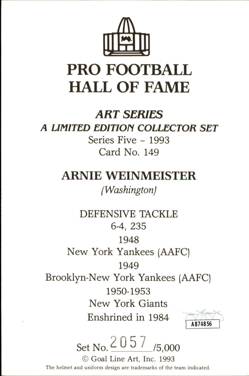 Arnie Weinmeister HOF Autographed Goal Line Art GLAC Postcard Giants JSA