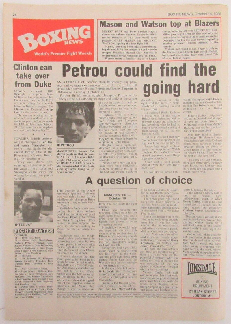 October 14, 1988 Boxing News Magazine Duke McKenzie 167734