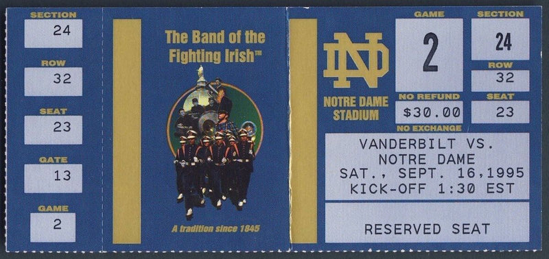 1995 Notre Dame v. Vanderbilt Full Unused Ticket 128305