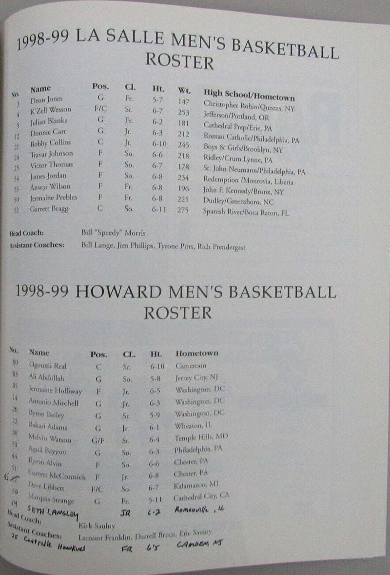 November 21, 1998 Tom Gola Arena Dedication La Salle vs. Howard Game Program